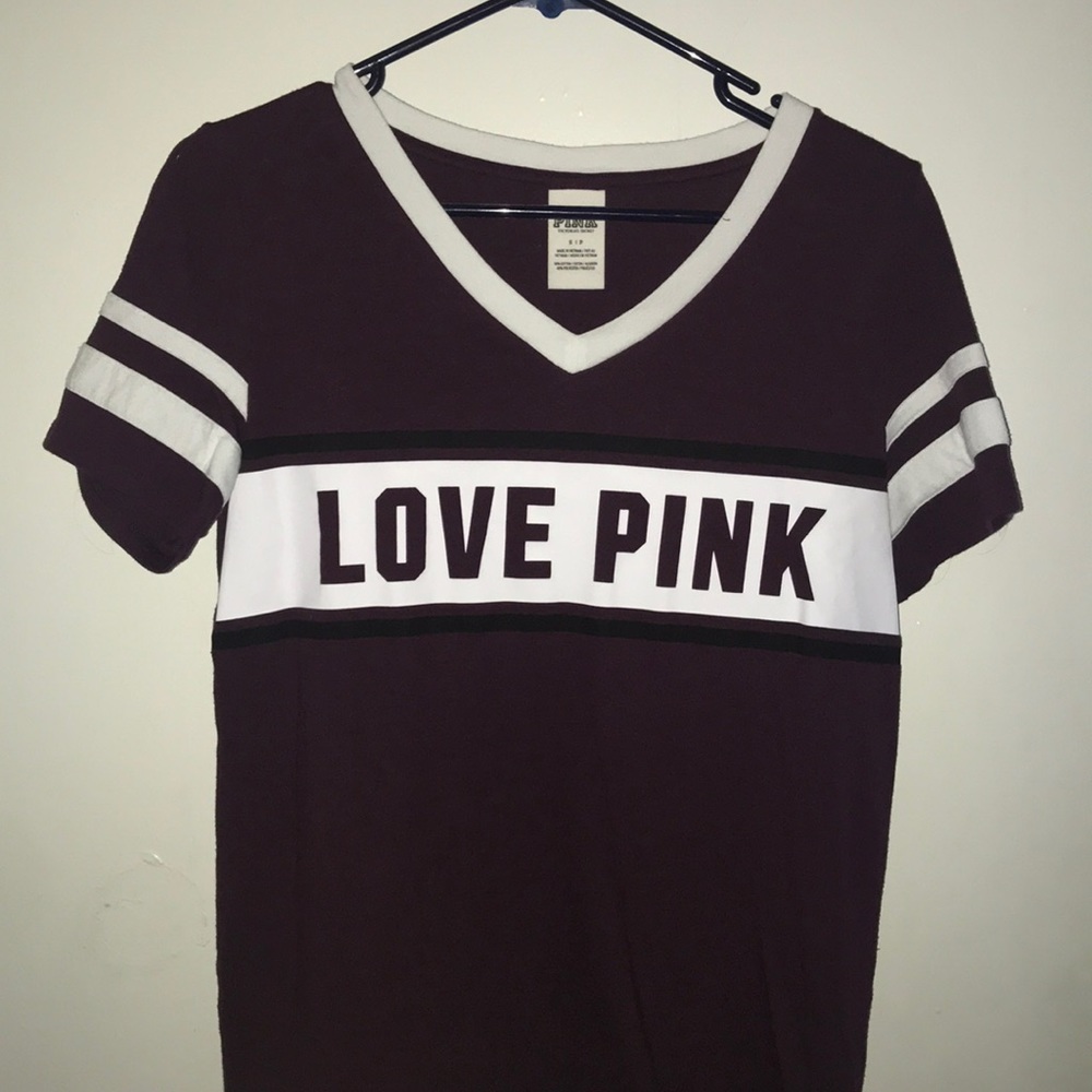 Pink, short sleeve, maroon v-neck